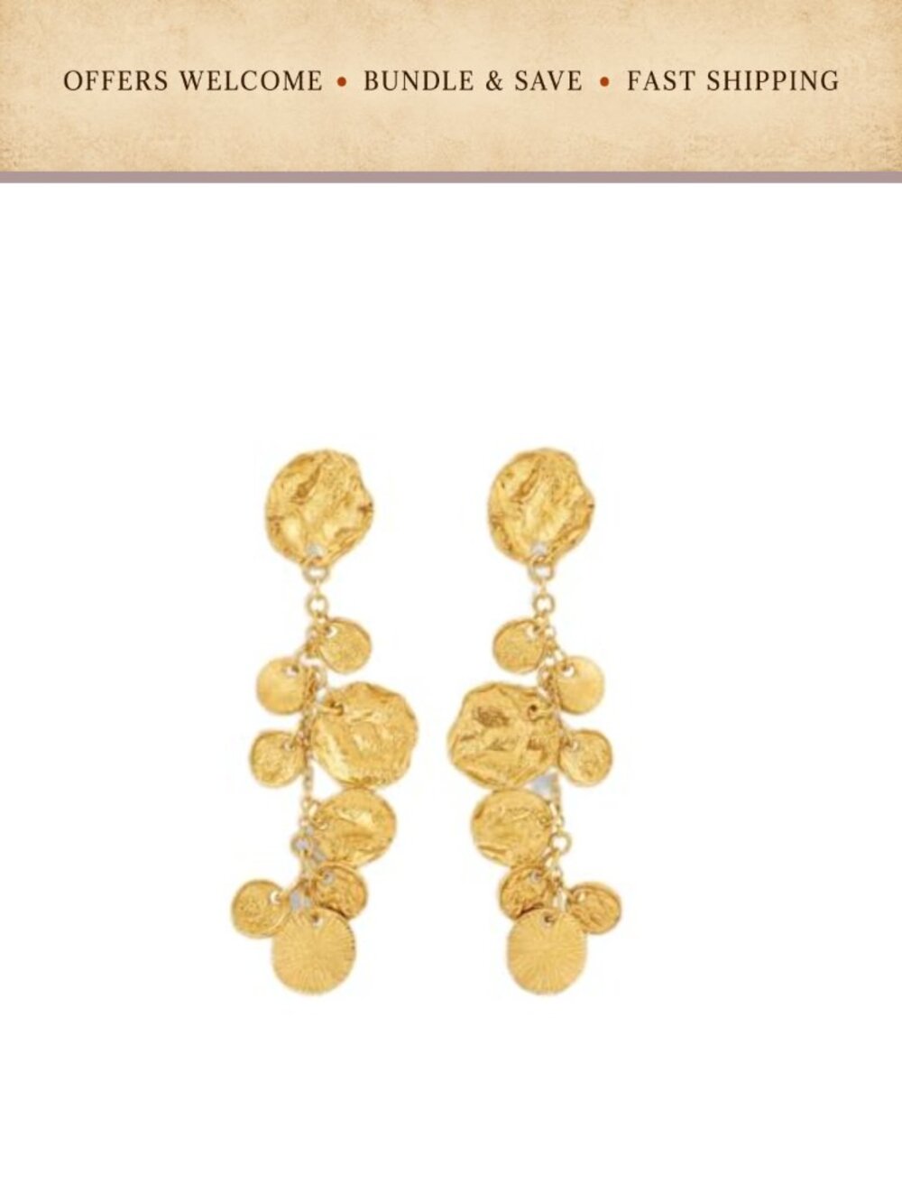 Gold Plated Hammered Disc Long Drop Earrings Hypoallergenic Statement